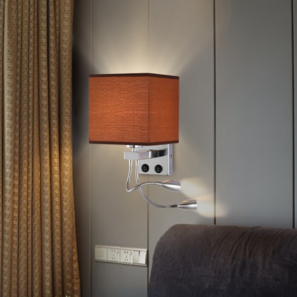 Veggmontert nattbordslampe med USB, LED leselampe med svingarm og stoffskjerm, hardkablet vegglampe for soverom, stue og hotell (krom)