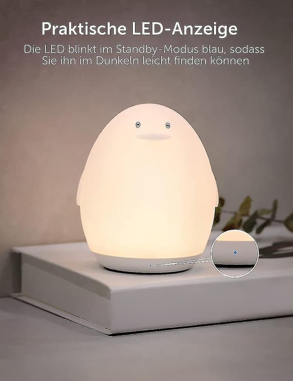 RGB silikone pingvin natlampe til børn, USB-genopladelig, touch-styring, dæmpbar med timer, (hvid)