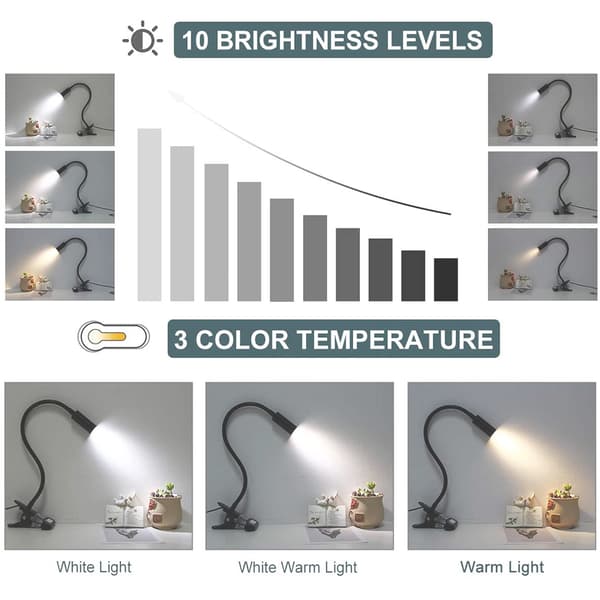 Klipslampe Leselys LED Skrivebordslampe 3 Lysstyrke