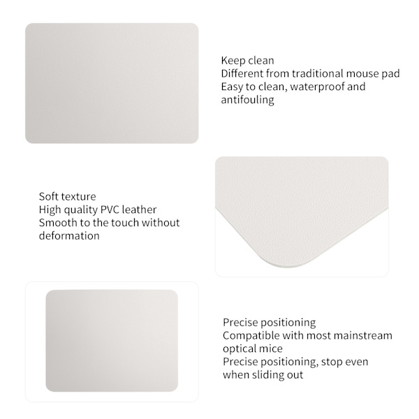 2 stk Musmatte 2-sidig PVC Lær Vanntett Skrivebord Matte Kontor Hjem Mus Beskytter 27x21cm (Kremhvit Sølv)