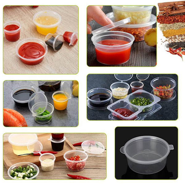 Små plastbehållare med lock, Jello Shot Cups med lock, Engångsportioner BPA-fria för sås, kryddor, Souffle, salladsdressing,