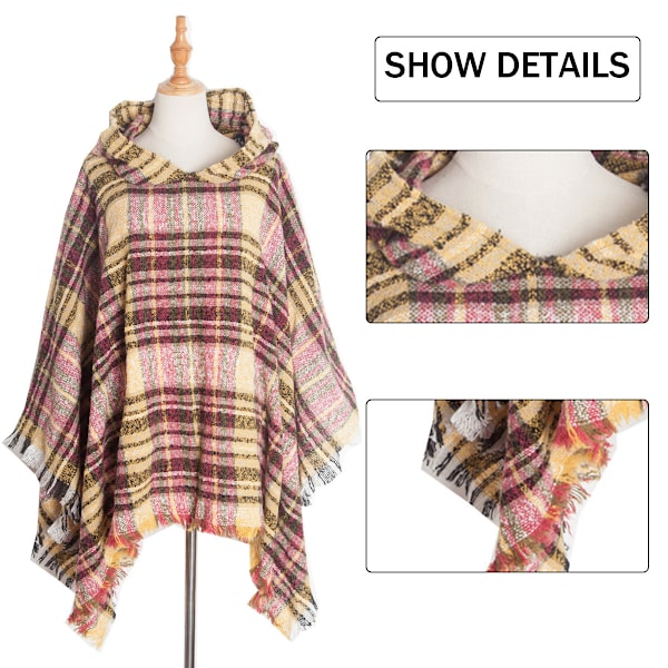 Dame Plaid Hetteskjerf Kappe Teppe Poncho Hetteskjerf