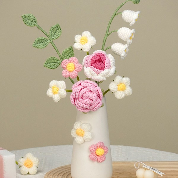 Rosa Simulerad Ullblomma Handgjord Stickning Konstgjord Blomma Virkad Stickad Blomma med Keramisk Vas Bordblomma Present