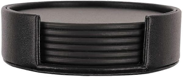 Runda glasunderlägg i PU-läder, 6-pack, svarta