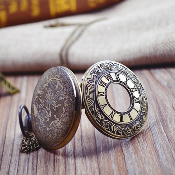 Vintage kvarts watch med kedja, brons ihålig design romerska siffror Snygg watch, klassiskt skulpterad Fob watch för män