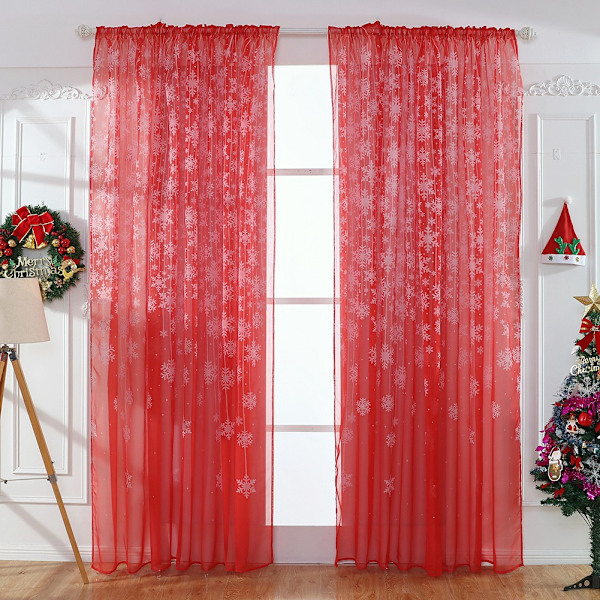 Røde Snefnug Mønster Transparent Trykt Vindue Gardin Voile Sheer Paneler til Soveværelse Stue