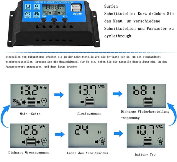 Intelligent Solar Charge Controller, designet til 12V 24V paneler, tilbyder justerbar LCD-skærm og dobbelt USB-port, har overstrømsbeskyttelse,