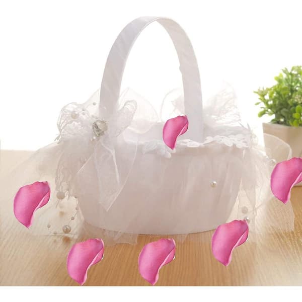 Charmig bröllopsaccessoar, romantisk scen blomsterflickakorg för bröllopsceremoni, designad med spetsrosetter, bra storlek för barn
