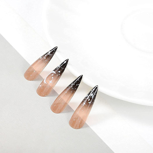 Bomine Stiletto -painettavat kynnet, pitkät ombre-mustat keinokynnet, akryyliset kiiltävät, täyspeite, Halloween-kynnet naisille ja tytöille ()