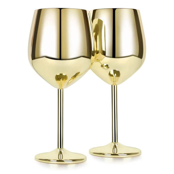 2 st 18oz Guld vinglas, 18oz Okrossbar Stålvinglas, Splittersäkert Metallvinglas för Utomhus, Picknick, Fest (GULD)
