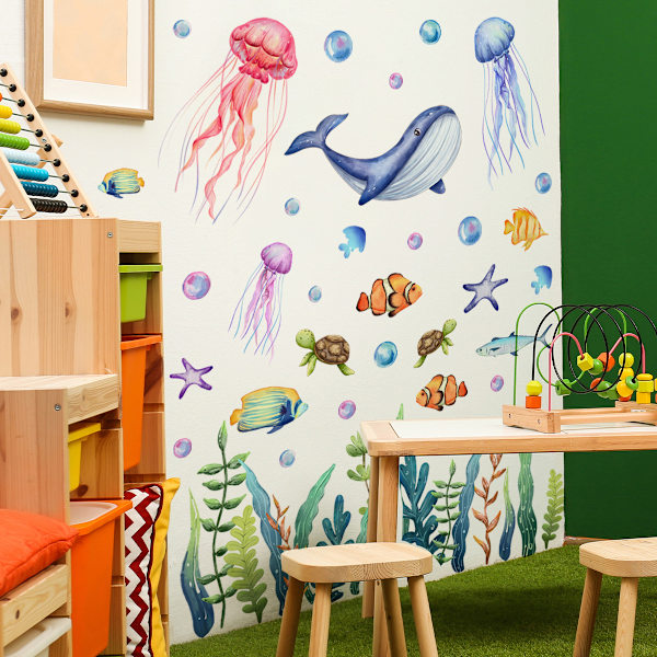 Meri-aiheiset seinätarrat - Ocean Fish -tapetti lastenhuoneeseen