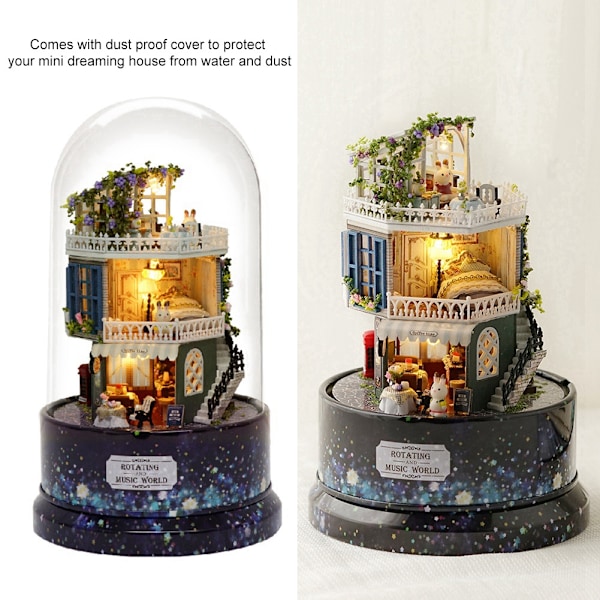 Perfekt DIY-gåva Alla hjärtans dag-present, handgjorda dockhus giftfria material, DIY miniatyrdockhus-kit med LED-ljus musikdosa plastdammskydd,