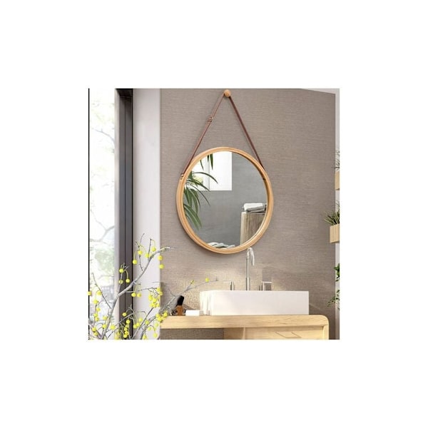 Rund veggSpeil 45 cm tredekor-Speil med tre-ramme med kroker for bad, soverom eller garderobe