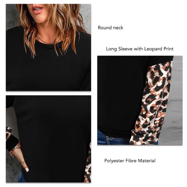 Svart M Kvinners Genser Lang Ermet Leopard Print Rund Hals Pullover Topp for Hjem Utendørs