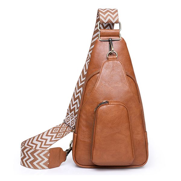 Slingväska för kvinnor Boho bröstväska, Crossbody-väska, bröstficka med bred rem för kvinnor, läder, liten axelväska med dragkedja och axelrem, för