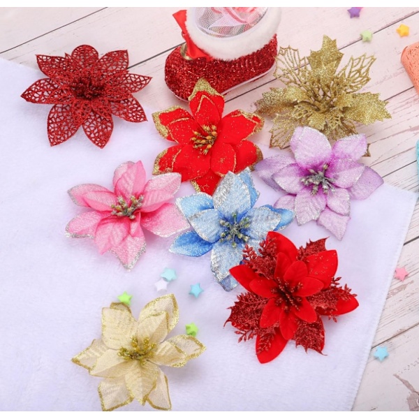 Juletrepynt, 12 stk. juletrepyntsett Deco Juleglitter Kunstige juleblomster til bryllupsfest jul Red
