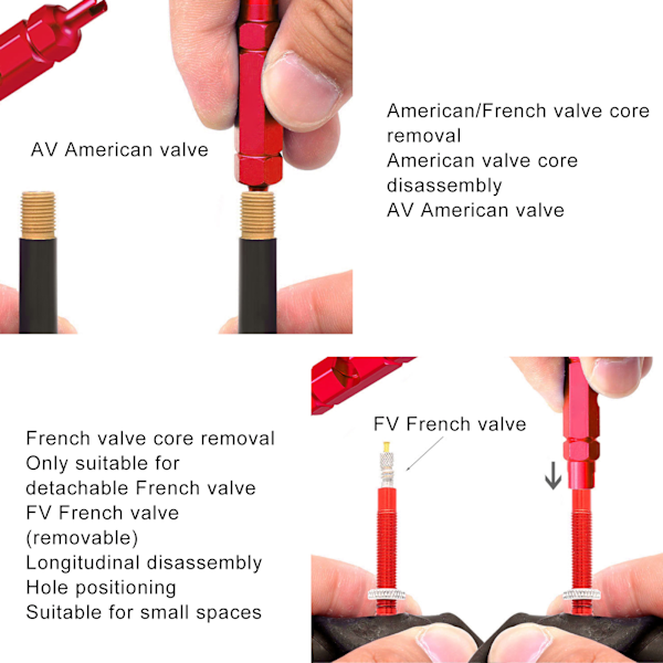 2 stk Sykkel Amerikansk Ventil Kjerne Dobbelthode Fransk Ventil Kjerne Fjerner Nøkkel Reparasjonsverktøy Rød