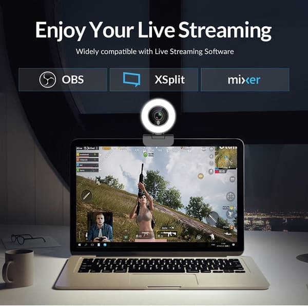 Angetube Streaming 1080P HD Webcam Indbygget Justerbar Ring Light