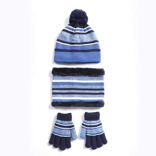 Vintermössa för barn, vinterscarf, set, varma ränder, stickad mössa, öglehalsduk, handskar, set för barn för barn i åldern