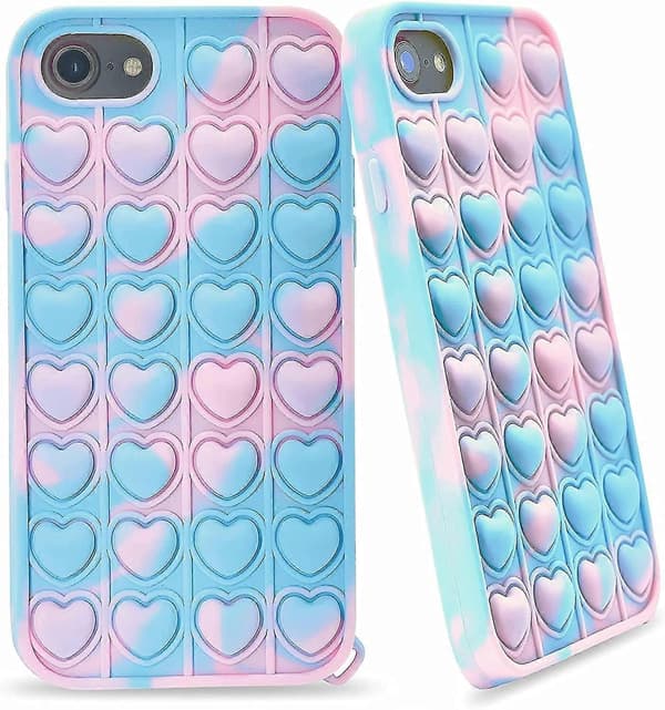 Betterlifefg-Telefonetui Push Pop Bubble Fidget Sensorisk Legetøj Hjerteform, blå+lyserød, iPhone XR