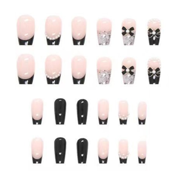 Kistapress på naglar Långa falska naglar med design Fransk spets naglar lim på naglar Blank ballerina