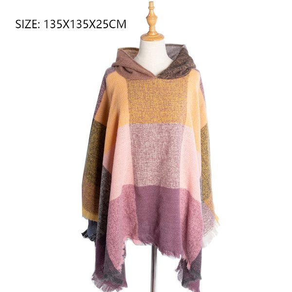 Kvinnors Rutig Huva Cape Sjal Filt Poncho Hoodie Cape