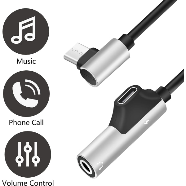 USB-C - 3,5 mm kuulokeliitäntäsovitin ja laturi 90 astetta