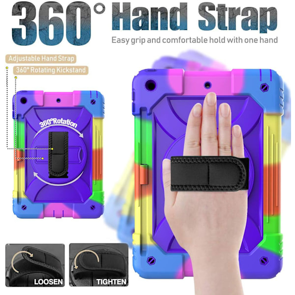 Generation Case, iPad 8:e/7:e generationens fodral, iPad 10.2 fodral, hybrid stöttåligt [360 roterande stativ] [handrem] [pennhållare] barnfodral för nya