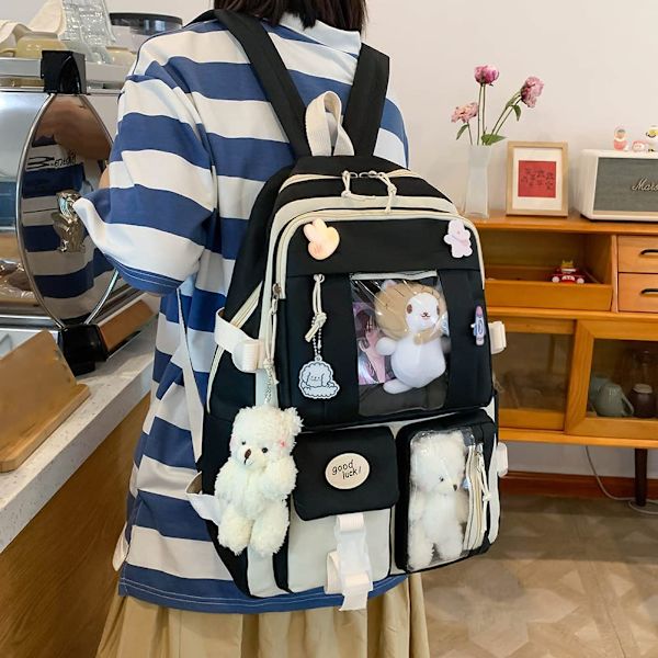 Ryggsäck med söta hängetillbehör, 5 delar Kawaii set flickor, studentbokväska Vacker ryggsäck, stor Harajuku Canvas School
