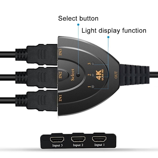 HDMI-switch, 3-portars 4K HDMI-switch 3x1 switch splitter med pigtail-kabel som stöder Full HD 4K 1080P