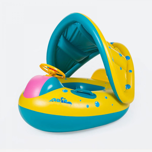 Baby flytring med UPF50+ solskyddstak & leksak, simhjälp för baby för poolen, justerbar säkerhetssits, småbarns pool flytring