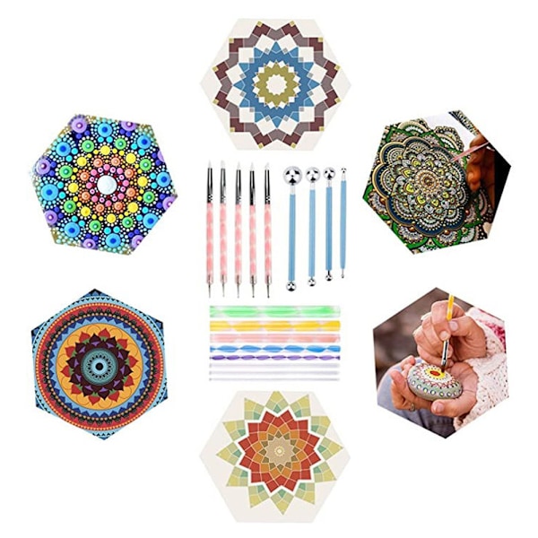 32 PCS Mandala Dotting Tools Stencil Set med dragkedja förvaringsväska, för målning stenar ritning, barns hantverk, nagelkonst tillbehör