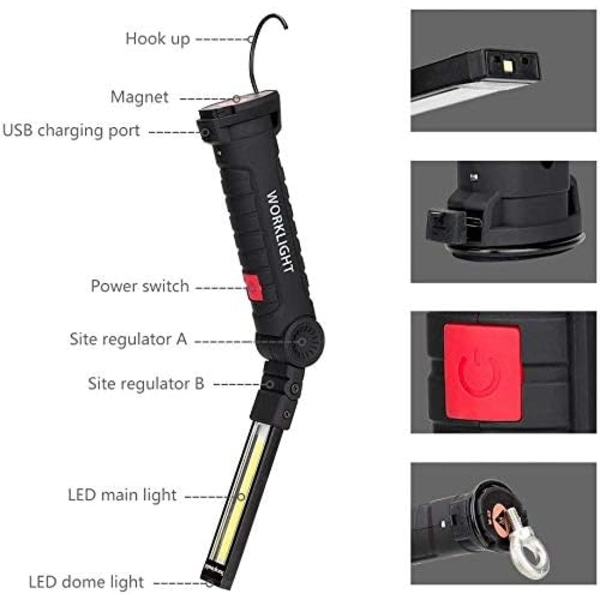 Nödlampa, COB LED Mekanikerarbetslampa, Portabel Strålkastare med 360 Graders Rotation, Vikbar Design och USB Uppladdningsbart Batteri för
