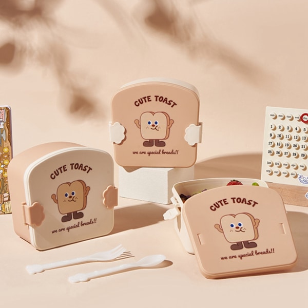 Khaki Toast Pattern Lock Barn För Barn Bento Box Cartoon Look Divider Matlåda Skola Bärbar Lunch Förvaring Låda