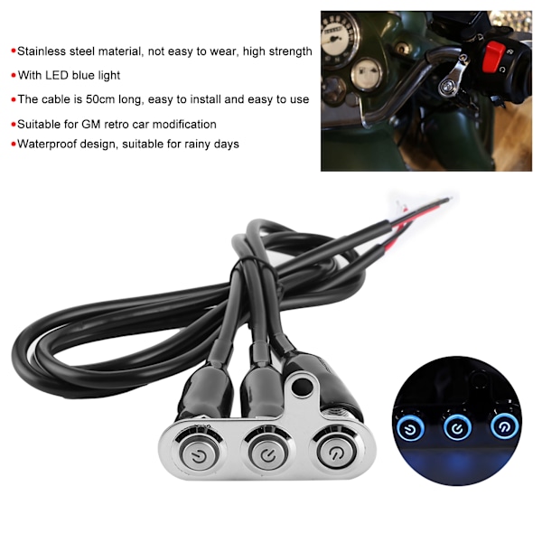 12V Motorcykel Styrstangskontakt LED Modificeringsbeslag Kontrol Trykknap med 3 stk. Kontaktknapper