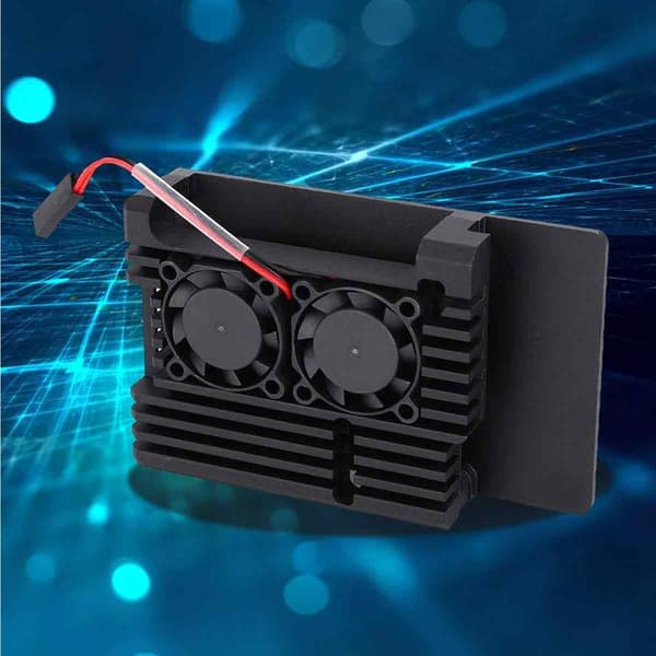 Sort aluminiumlegeringsbeskyttelseskasse til Raspberry Pi 4 Model B med dobbelte køleventilatorer