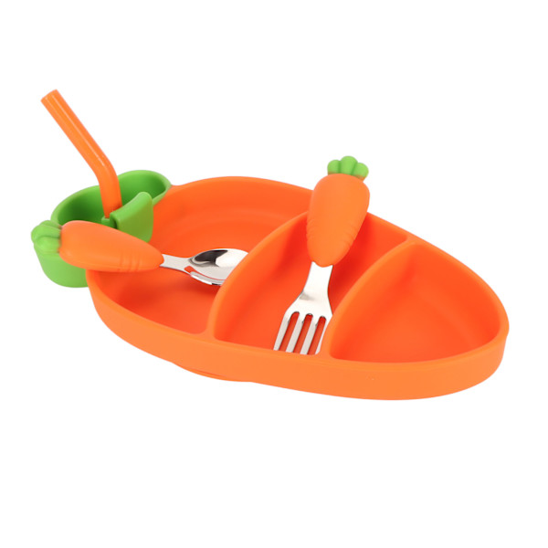 Baby Silikon Matning Set med Gaffel Sked Sugrör Rengöringsborste Morot Form Avvänjningsset Orange