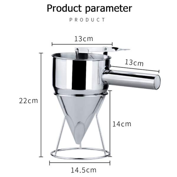 Ruostumattomasta teräksestä valmistettu pannukakkutaikinan annosteluun tarkoitettu suppilo 1200 ml, suuri kapasiteetti, kartiomainen suppilo telinekahvalla, 17 mm:n aukko