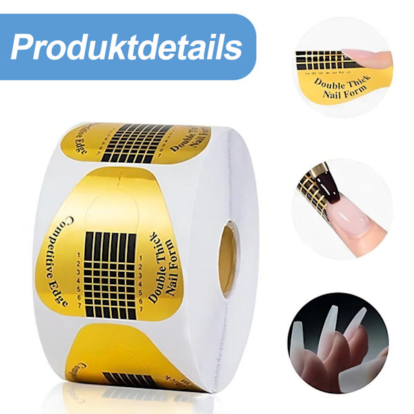 Paket med 500/1 rulle nagelmallar, självhäftande modelleringsmallar nagelformar för nagelkonst gelnaglar, konstgjord nagelförlängning (guld)