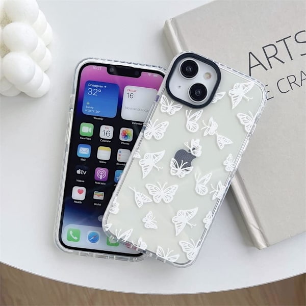 Valkoinen Perhonen Trendikäs Söötti Läpinäkyvä Puhelimen Kotelo iPhone 13 6.1 tuumaa Sisäänrakennetulla Puskurilla Iskunvaimentava Suojaava Kotelo iPhone 13 6.1 tuumaa