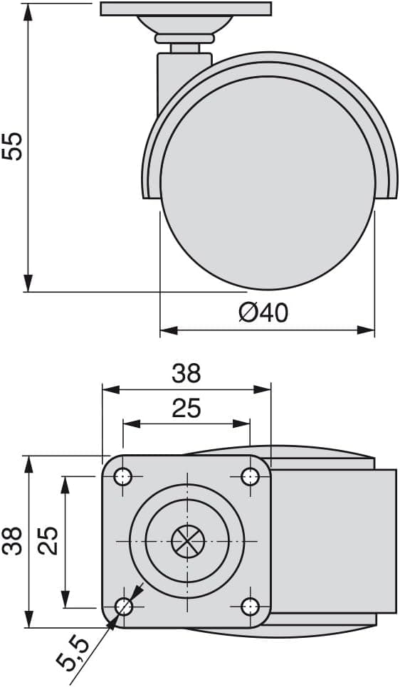 Sæt med 4 sorte drejelige hjul til møbler uden bremser, diameter