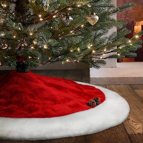 Klassisk röd och vit julgransmatta, mini-julgransmatta i sammet för små utrymmen, rustik design med 18 tums diameter, perfekt för sovrum och