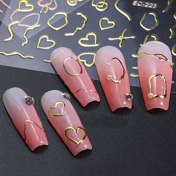 6 spik 3D tredimensionella klistermärken bronzing enkel fransk laser roséguld persika kärlek nagel tillbaka självhäftande pasta