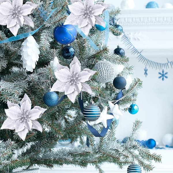 Julestjerner Julepynt Glitter Julestjerne Blomster til Juletrepynt (12-pakning) Silvery