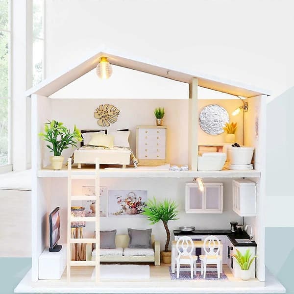 1 st miniatyrstege för dockhus, trappmodell i massivt trä, pysseltillbehör (vit)