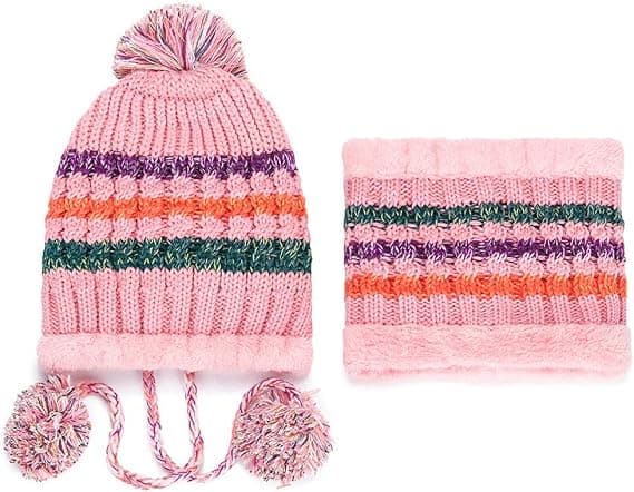 Rosa Hatt+Skjerf Sett Dame Strikket Hatt Skjerf Sett Vinter Varm Tykk