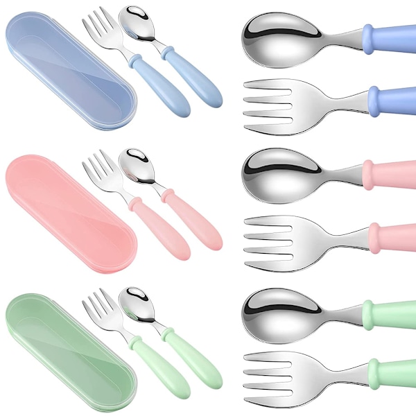 3 sets of stainless steel children's tableware sets, baby learning spoons and forks, pink, blue, green