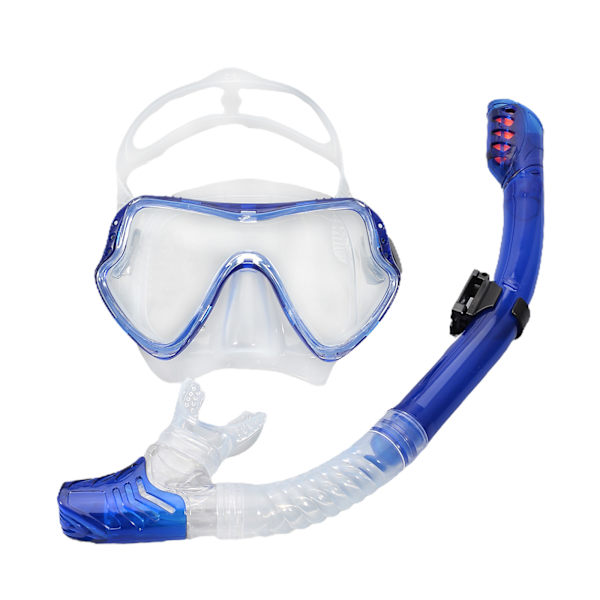Sininen läpinäkyvä snorklaussetti, kuiva yläosa snorkkeli ja karkaistu lasi uintisukellusmaski, 180°HD-näkymä, ei vuoda