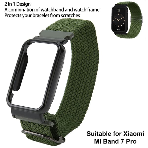 Flätat Loop Armband för Mi Band 7 Pro Justerbart Elastiskt Nylon Loop Armband med Skyddsram Military green