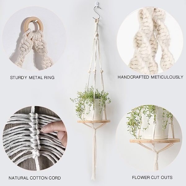 Macrame växt hängare - Inomhus hängande planter hylla - Dekorativ blomkruka hållare - Heminredning för suckulenter, kaktusar